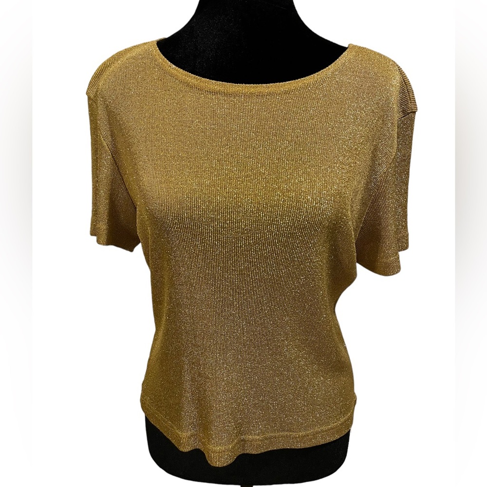 Gemilli Vintage 80s Metallic Glitter Gold Glam Glitz Party Short Sleeve Blouse